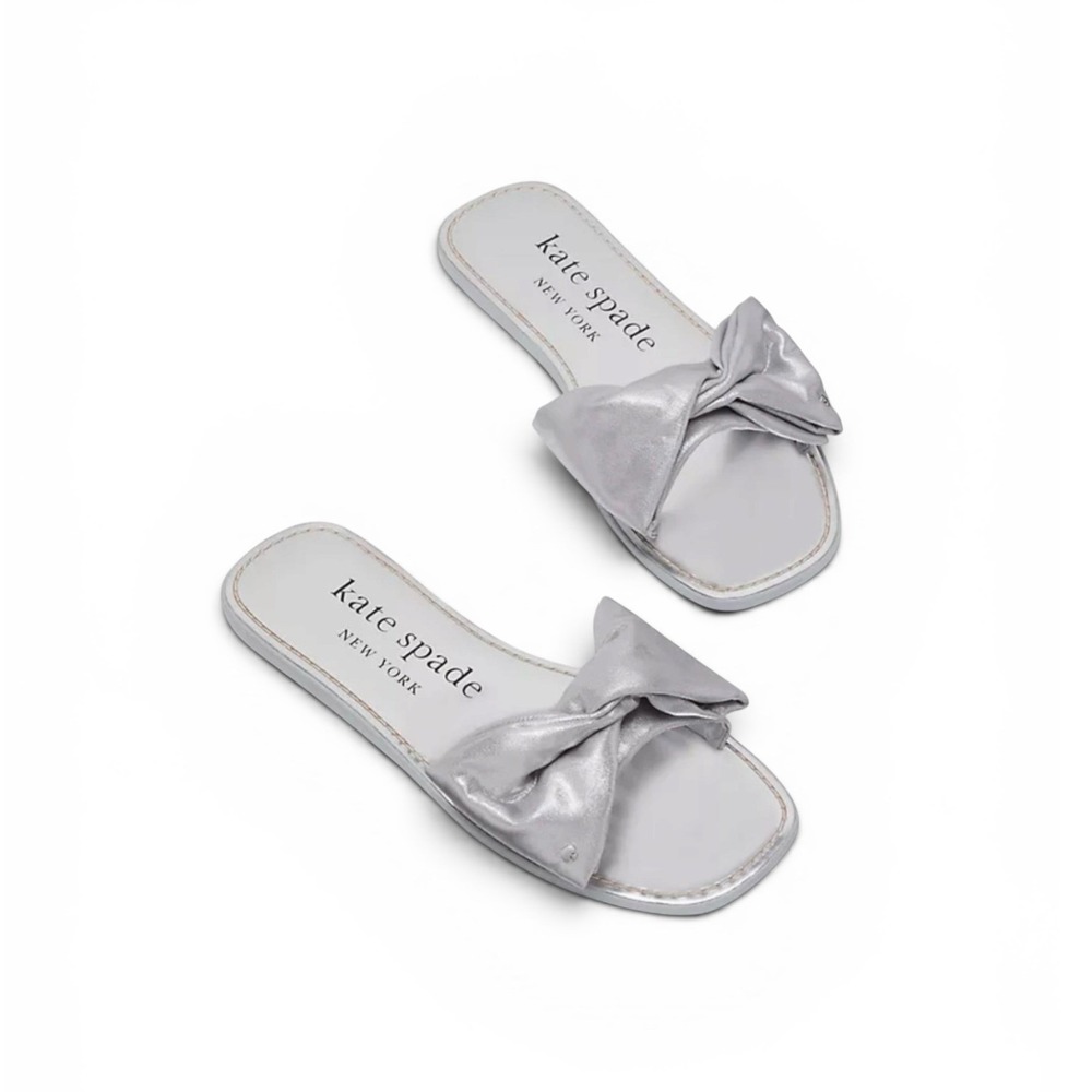 KATE SPADE Metallic‎ Silver Bikini Bow Square Toe Slide Sandals